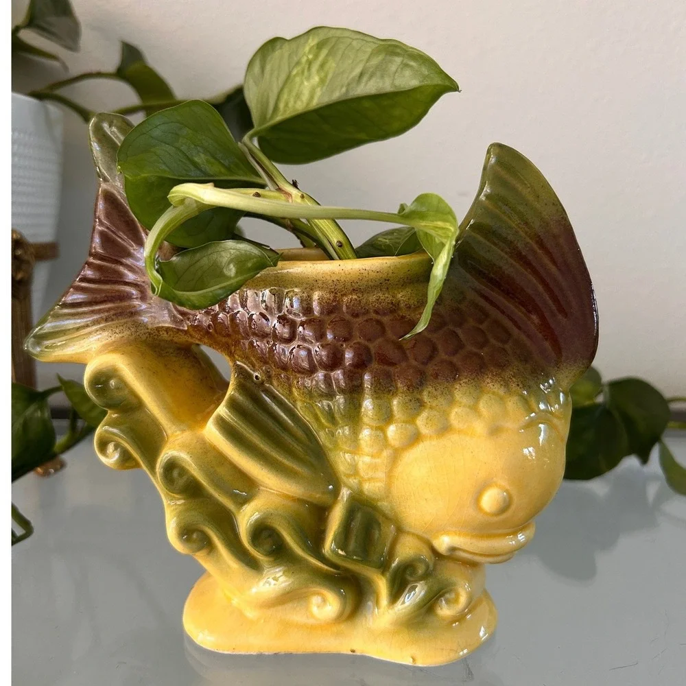 MCM Ceramic Fish Planter Yellow Green Drip Glaze Mid Century Figural Vase